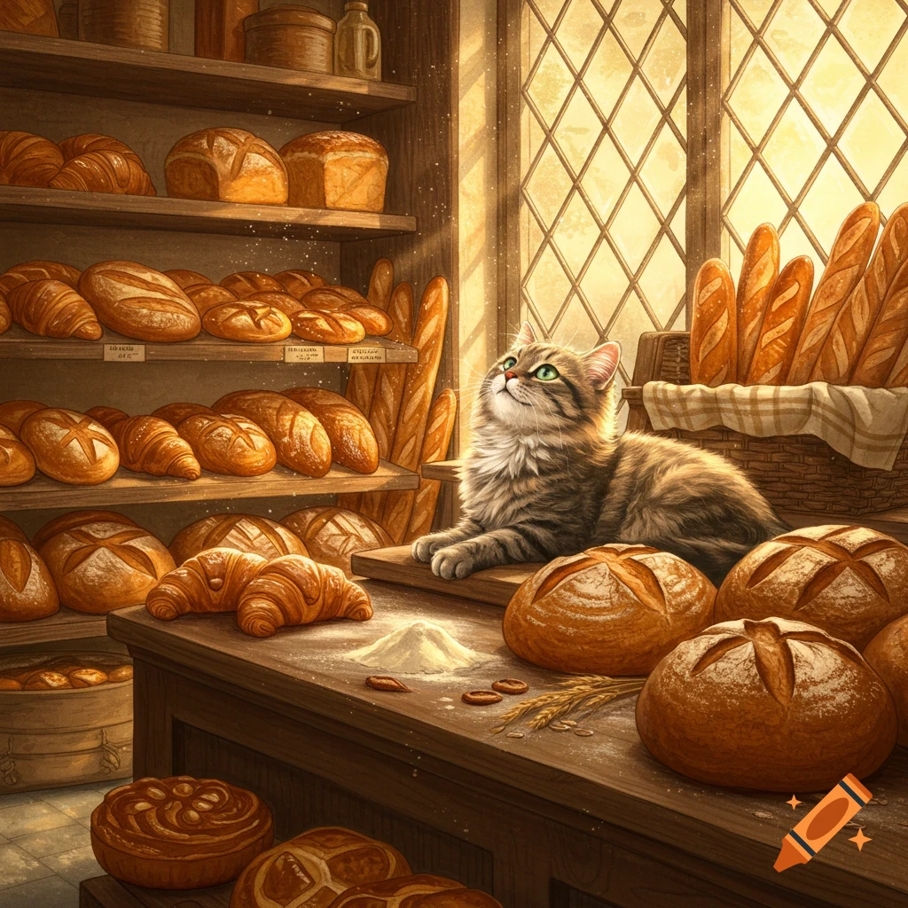 A tabby cat lies on a wooden counter in a rustic bakery, looking up, surrounded by many loaves of bread and pastries. Sunlight streams through a window.