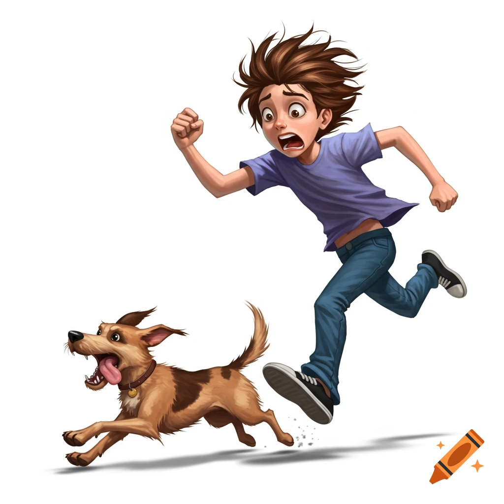 A wide-eyed cartoon boy with spiky brown hair runs in fear from an excited brown and white dog, both in mid-stride on a white background.