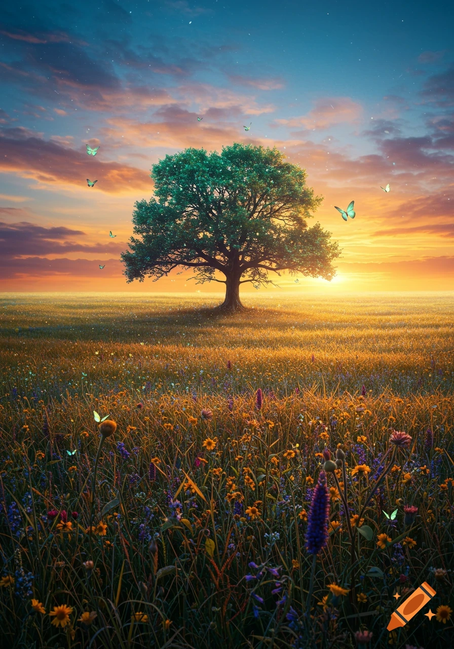 A solitary tree stands in a vibrant wildflower field under a colorful sunset sky with glowing butterflies.