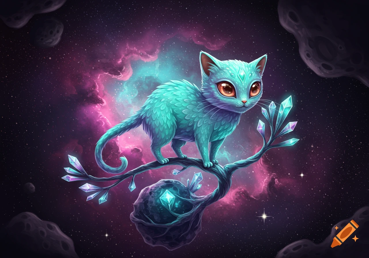 A stylized teal alien cat with large orange eyes stands on a branch with glowing crystals, set against a vibrant purple and blue nebula in space.