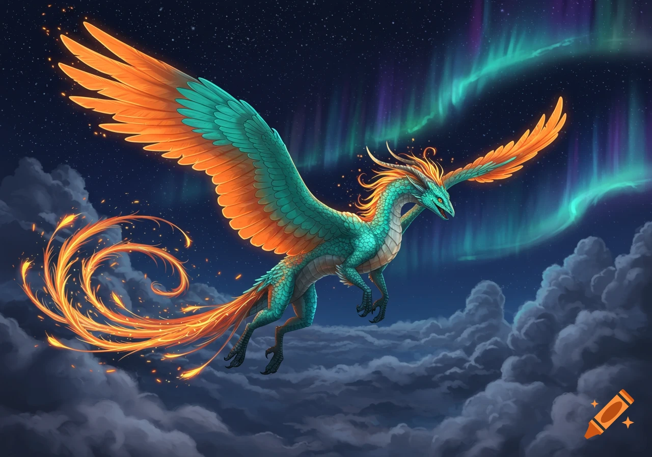 A vibrant teal dragon-like creature with orange wings and a fiery tail flies through a starry night sky with aurora borealis and clouds.