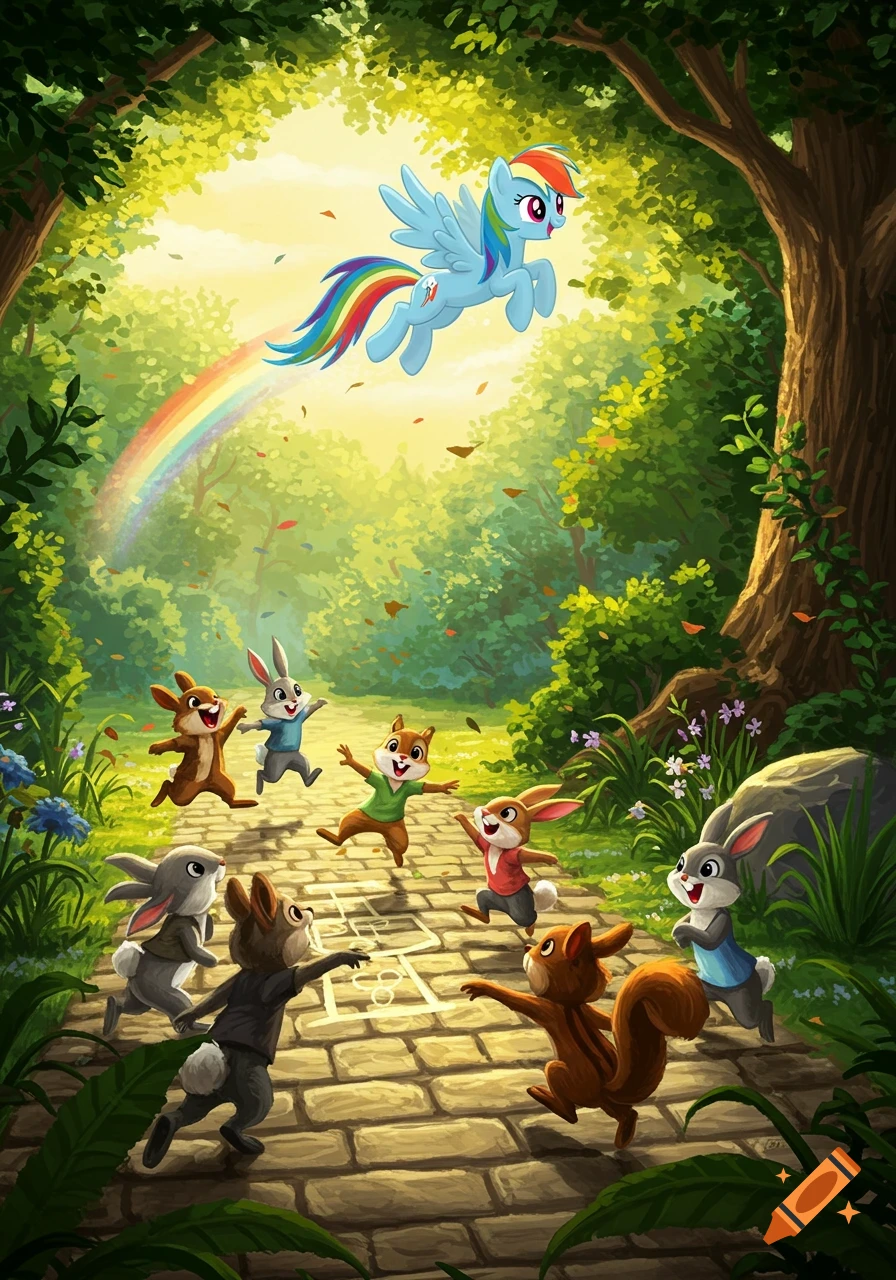 Cartoon Rainbow Dash flies with a rainbow trail over a group of smiling rabbits and squirrels playing hopscotch on a forest path.