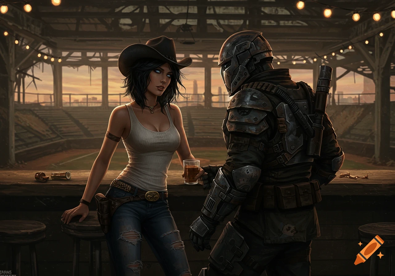 A woman in a cowboy hat and tank top flirts with a man in post-apocalyptic armor at a bar in an old baseball stadium.