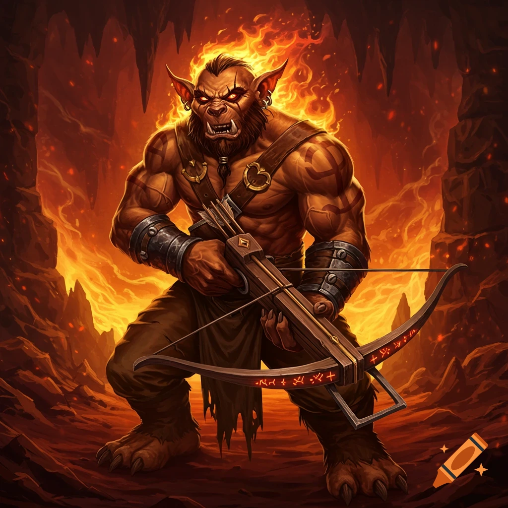 A muscular, fiery-haired bugbear with glowing red eyes, holding a crossbow, stands in a lava-filled, hellish cave.