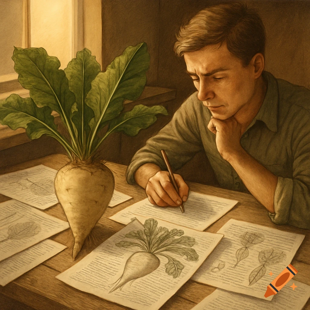 A man draws botanical illustrations of a sugar beet on a desk covered with papers, in a warm, painterly style.