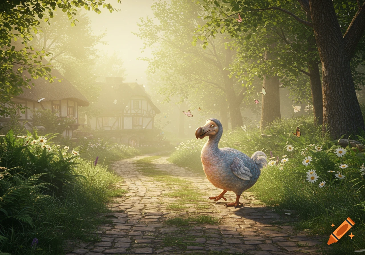 A dodo bird stands on a cobblestone path in a sunny, misty forest with thatched-roof cottages and butterflies.