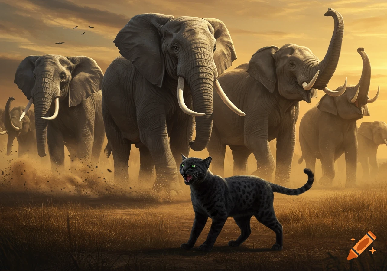 A black panther snarls fiercely in a dusty savanna with a herd of elephants marching in the golden background.