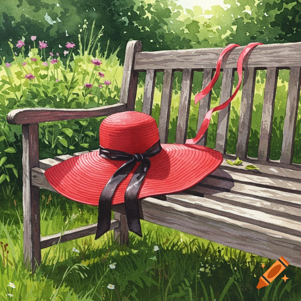 A vibrant red sun hat with a black ribbon rests on a wooden park bench, surrounded by lush green foliage and wildflowers in a sunny watercolor painting.