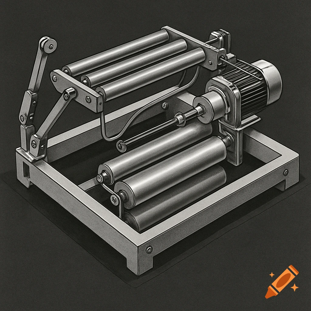 Grayscale illustration of a mechanical roller machine with a motor, multiple staggered rollers, and a hinged lifting arm on a rectangular frame.