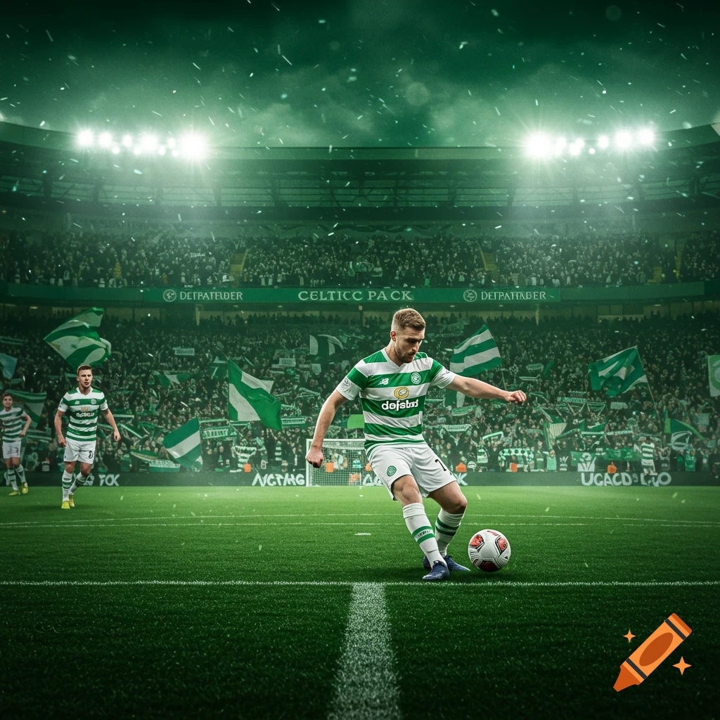 A soccer player in a green and white uniform kicks a ball on a stadium pitch filled with fans and bright lights.