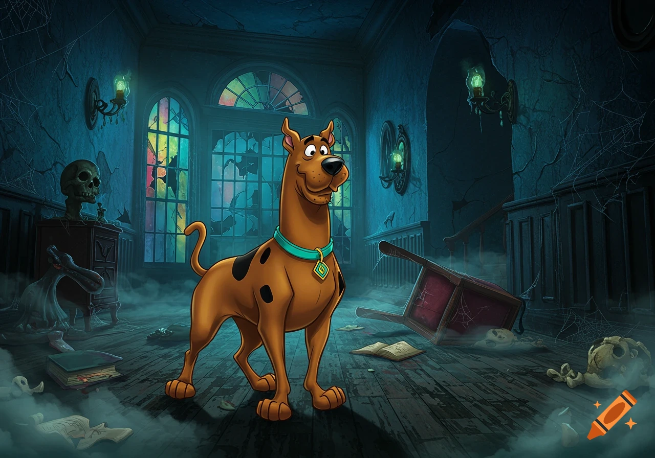 Scooby-Doo stands in a dusty, dilapidated haunted mansion with broken windows, cobwebs, and eerie mist.