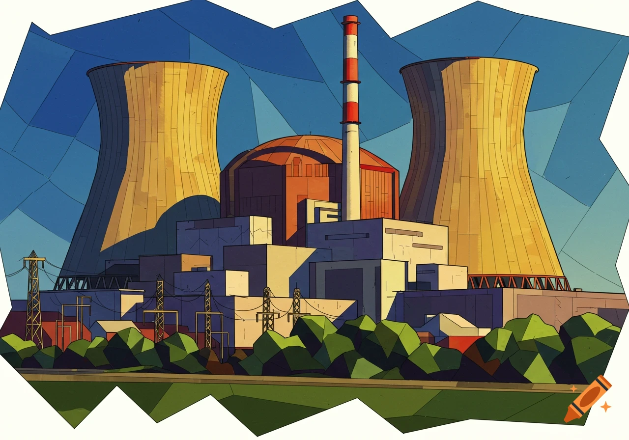 A stylized geometric illustration of a nuclear power plant with two cooling towers and a tall smokestack under a blue sky.