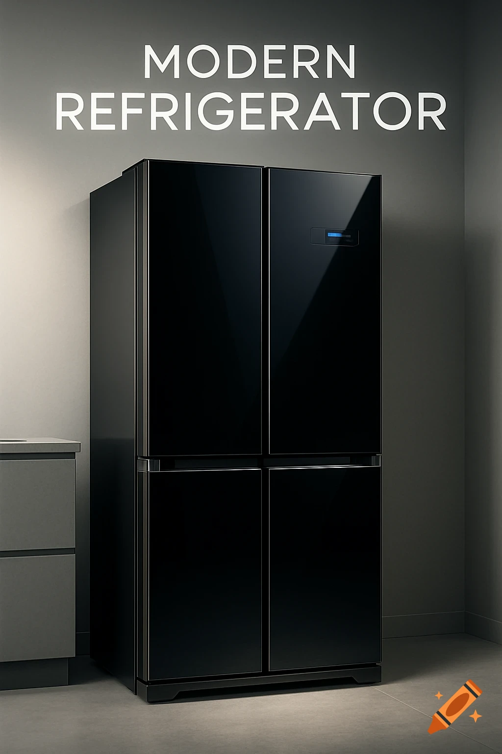 A sleek black modern refrigerator with four doors, in a dimly lit room, with 'MODERN REFRIGERATOR' text above it.