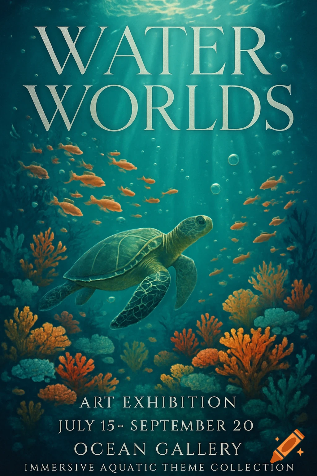 A vibrant underwater art exhibition poster titled 'WATER WORLDS' features a sea turtle swimming among orange fish and colorful coral.