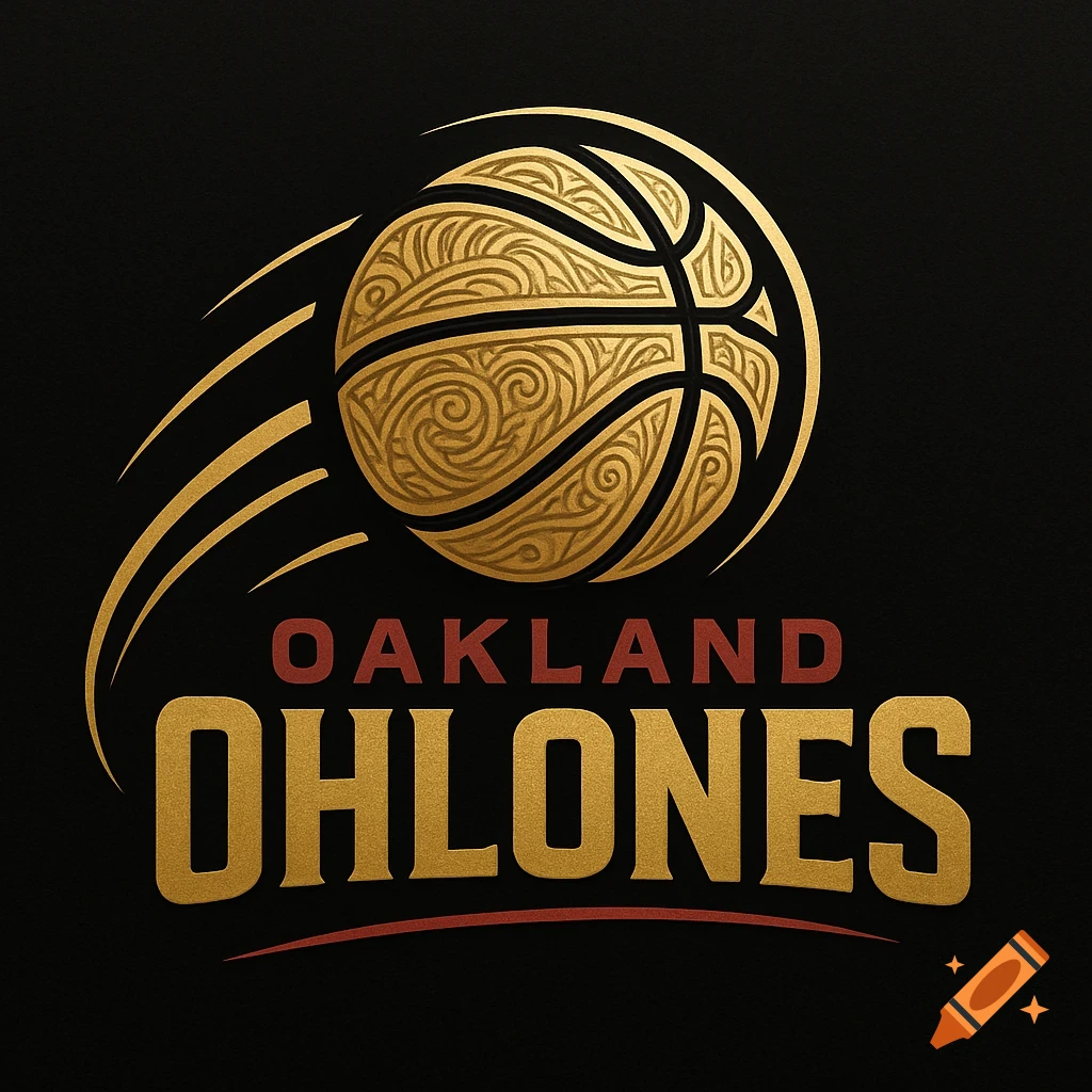 A gold and red basketball team logo on a black background, featuring a patterned gold basketball and the text 'OAKLAND OHLONES'.