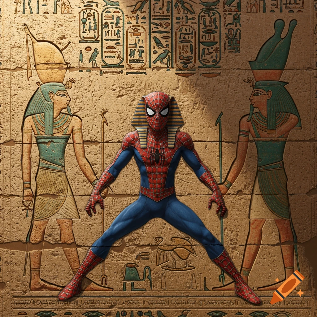 Spider-Man wearing a pharaoh's headdress carved into an ancient Egyptian hieroglyphics wall.