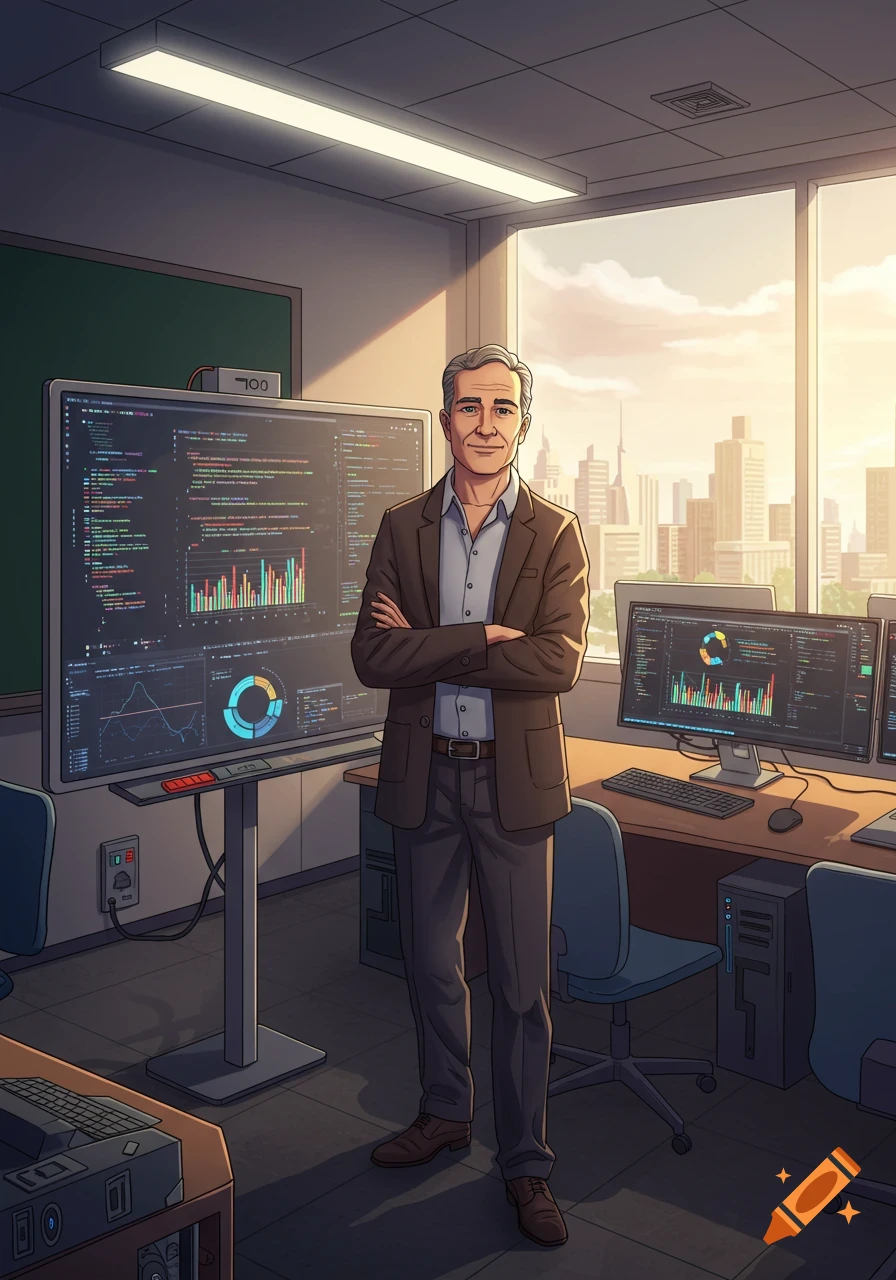 An illustrated man with grey hair stands in an IT classroom with monitors showing code and data at sunset.