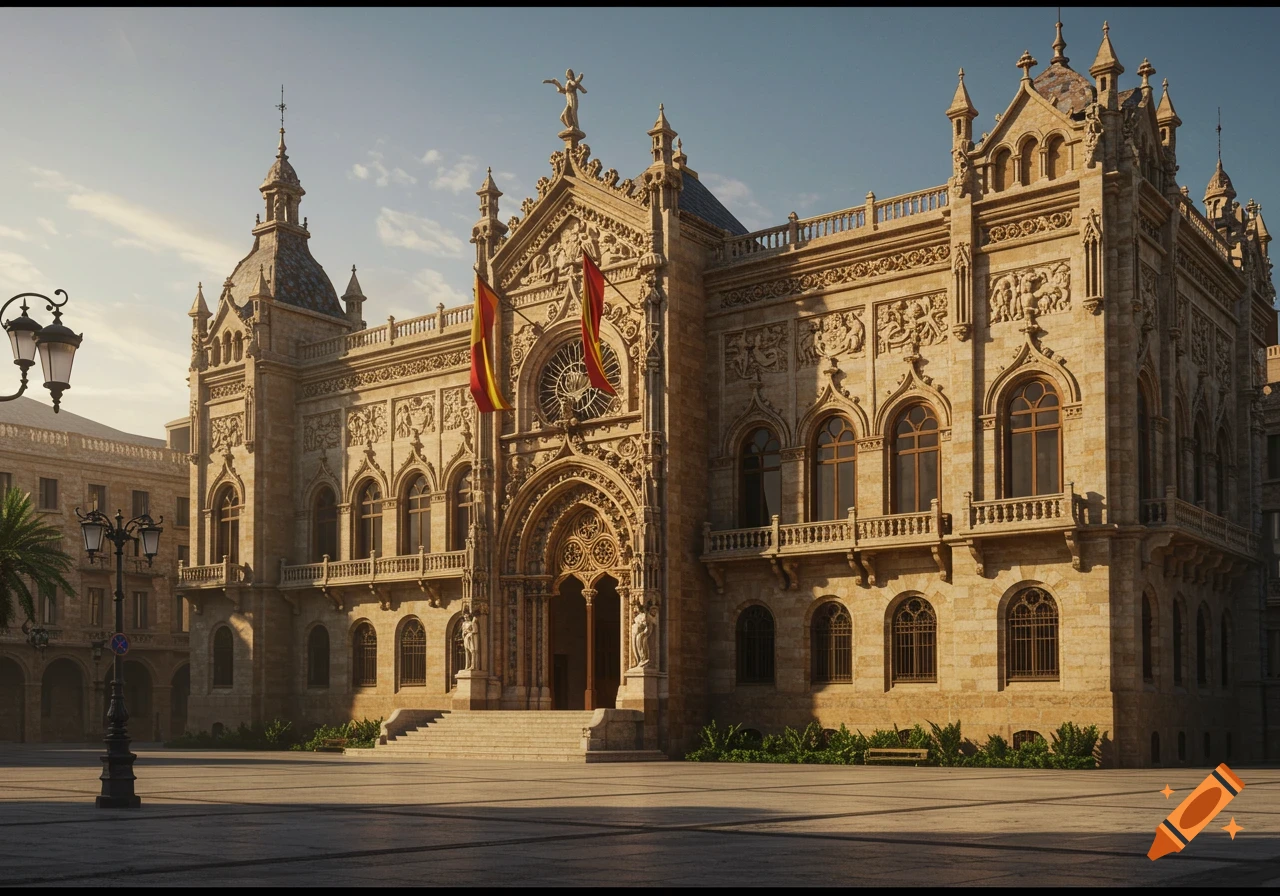 Photorealistic view of a grand, ornate historic building with intricate carvings, flags, and lampposts in a sunlit plaza.