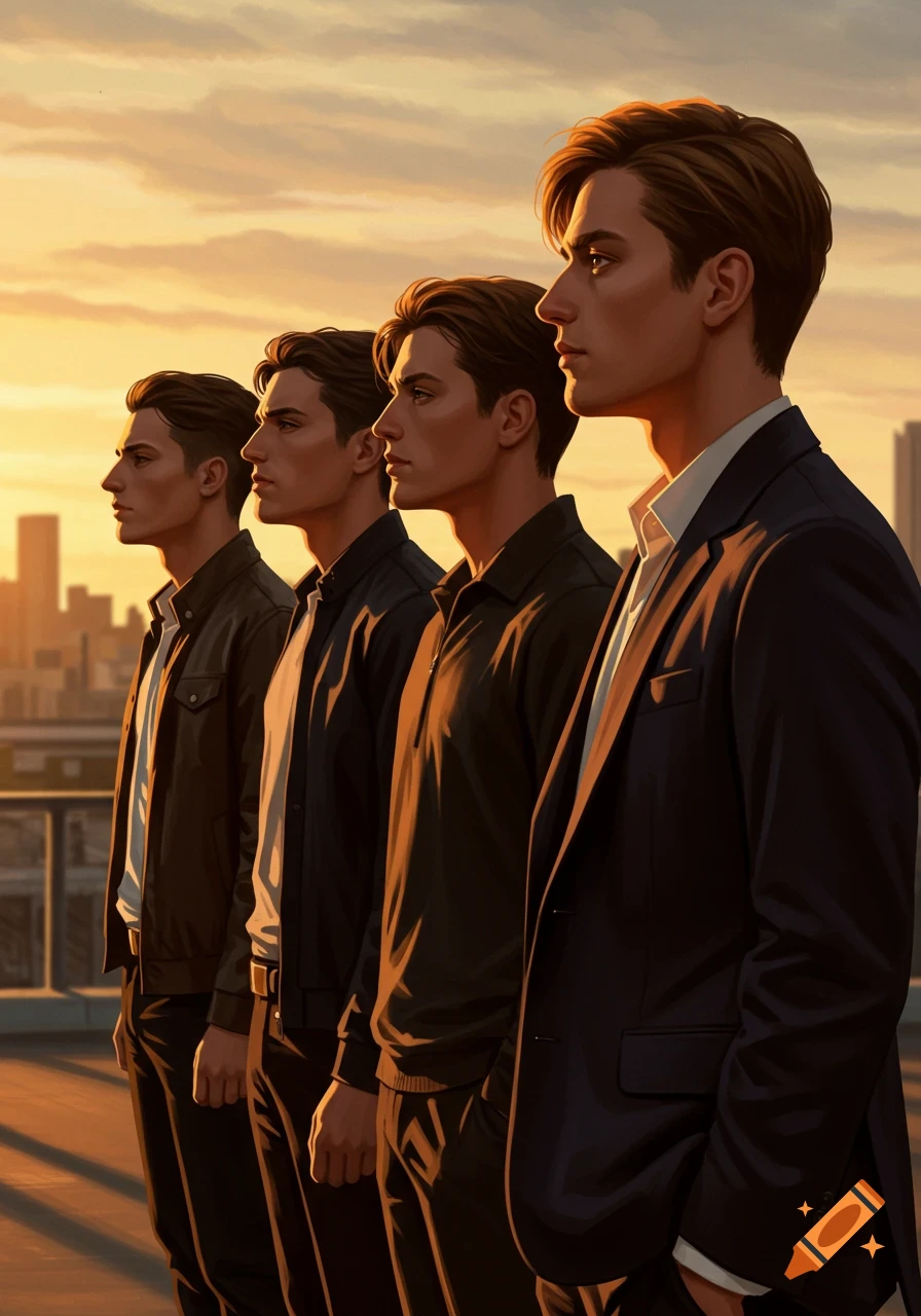 Four young men in dark attire stand in profile on a city rooftop at sunset, rendered in a digital painting style.