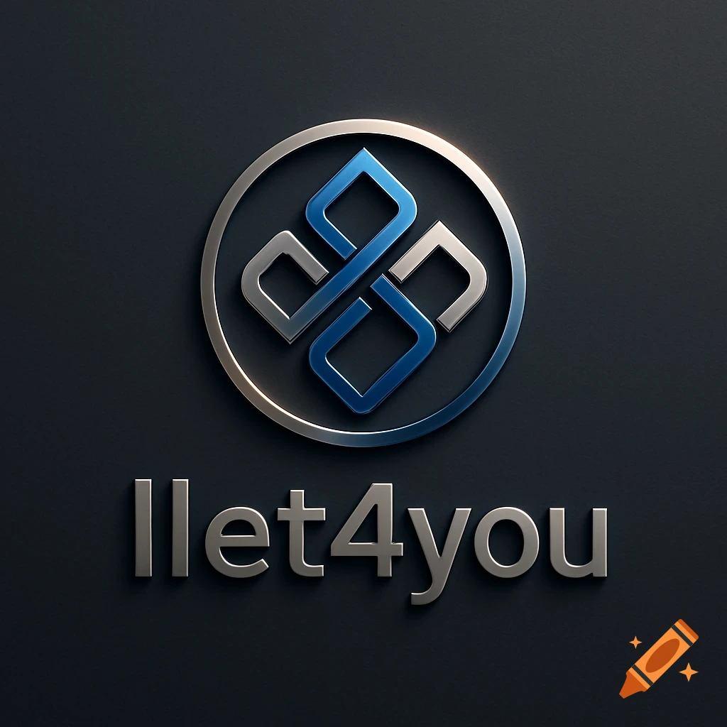 A 3D metallic logo for Ilet4you, featuring a silver and blue stylized knot symbol within a circle above silver text, on a dark gray background.