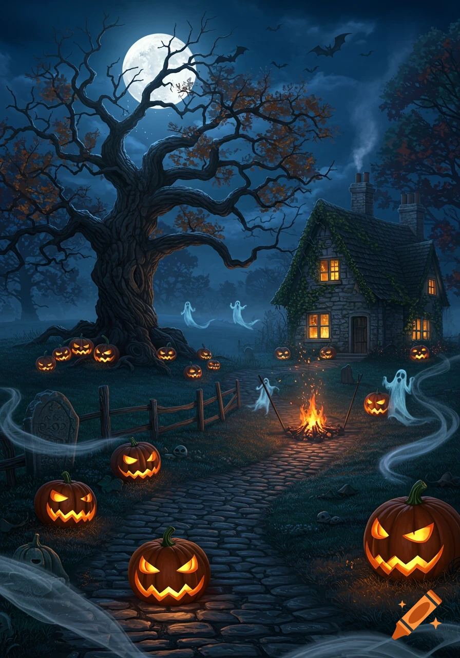 A spooky moonlit Halloween scene with a gnarled tree, an old cottage, glowing jack-o'-lanterns, and wispy ghosts.