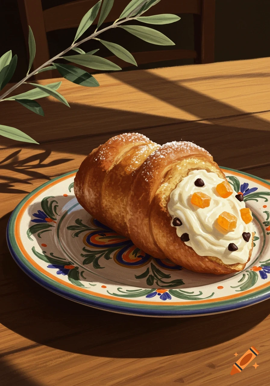 Illustrated pastry filled with cream, chocolate chips, and candied fruit on a decorative plate on a wooden table with a plant.