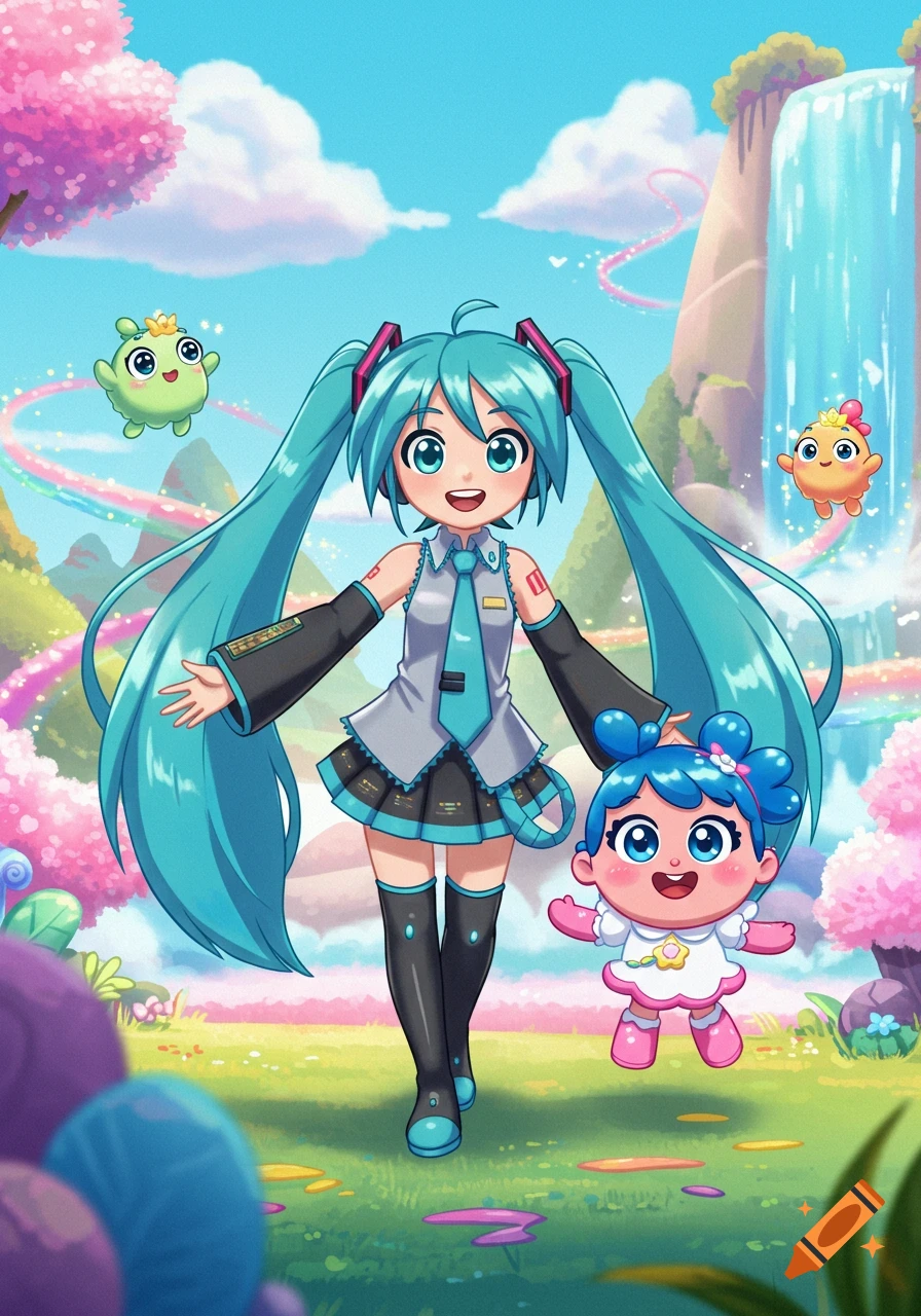 Hatsune Miku and True, with two small creatures, walk through a vibrant, whimsical fantasy landscape with a waterfall and rainbow path.