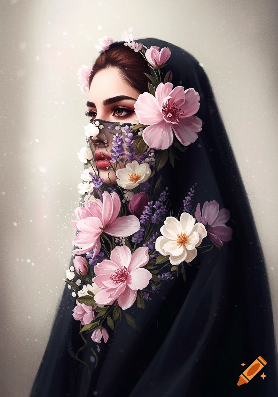 Stylized illustration of a woman in a black hijab, her face partially covered by pink, purple, and white flowers.