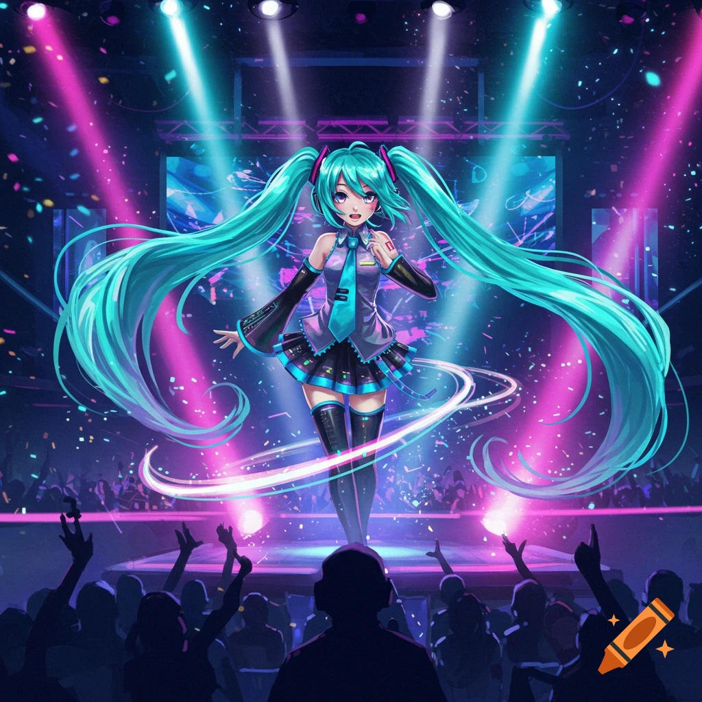 Hatsune Miku sings on a vibrant stage under pink and blue spotlights, with confetti falling and a silhouetted crowd watching.