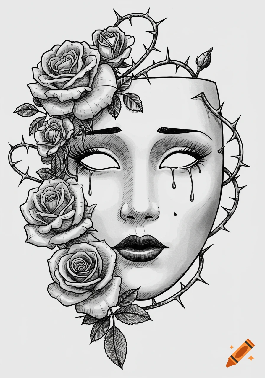 Black and white drawing of a melancholic mask with tears, surrounded by detailed roses and thorny vines.