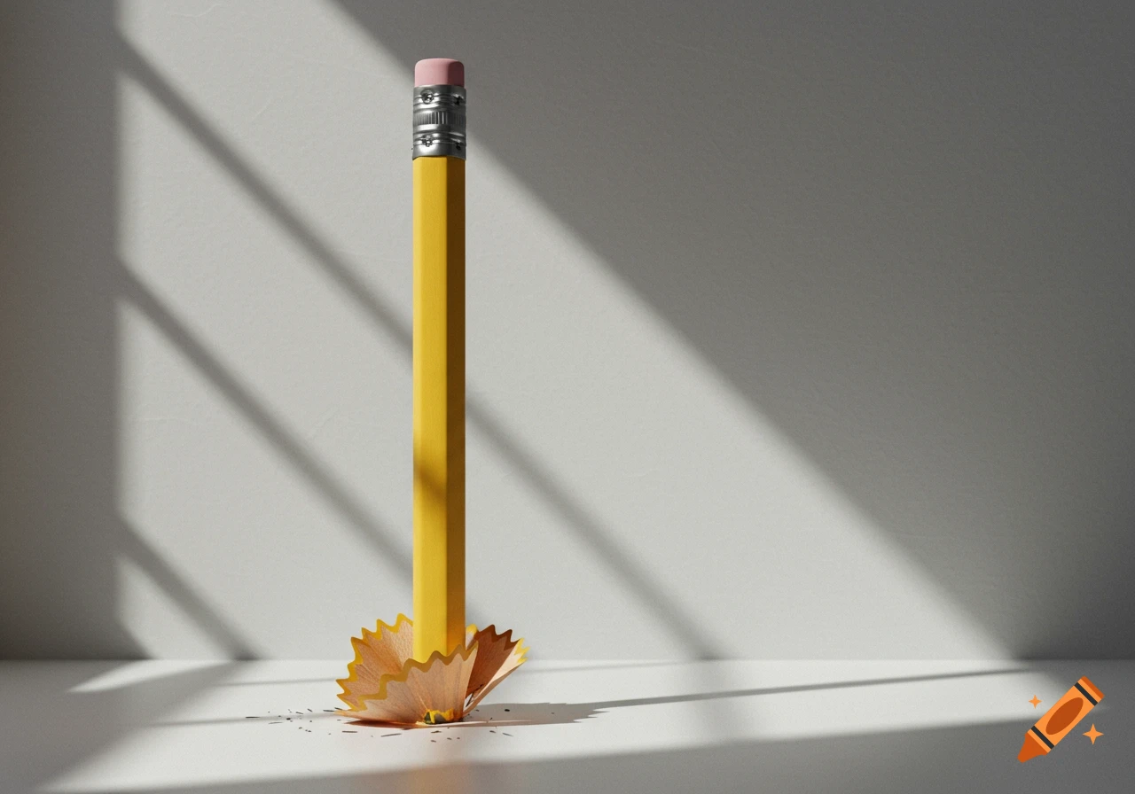 A yellow pencil stands upright with wood shavings around its base on a white surface, casting shadows on a white wall. Photorealistic style.