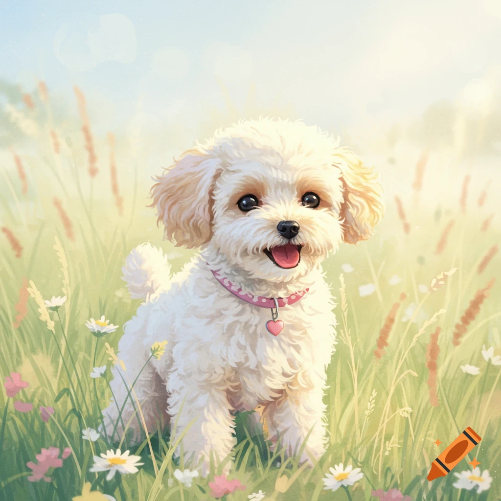 A cute white poodle-like puppy with beige ears and a pink heart collar smiles while sitting in a field of green grass and wildflowers.