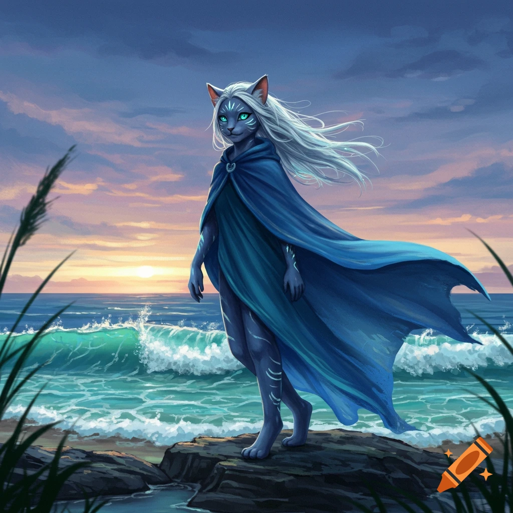 Fantasy art of a blue-skinned, white-haired catgirl in a blue cloak, standing on rocks by a vibrant ocean sunset.