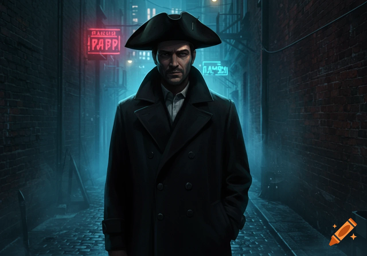 A man in a black trench coat and bicorne hat stands in a dark, blue-lit alleyway with neon Cyrillic signs on brick walls.