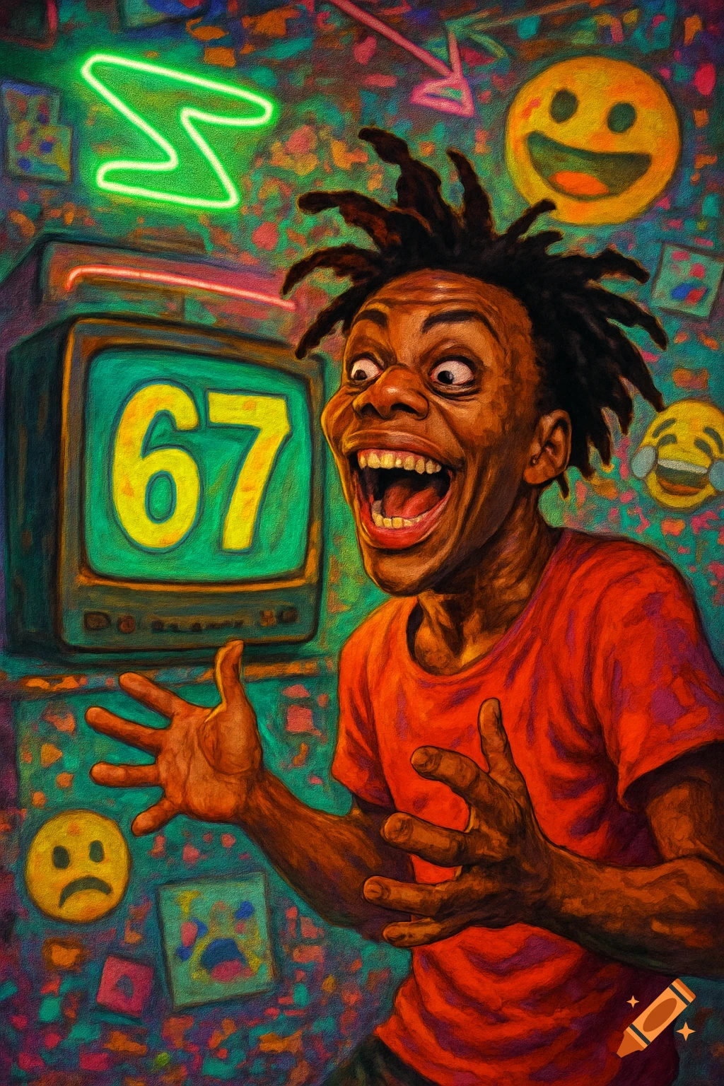 A man with dreadlocks and an exaggerated expression yells next to a TV showing '67', surrounded by neon and emojis in a textured art style.