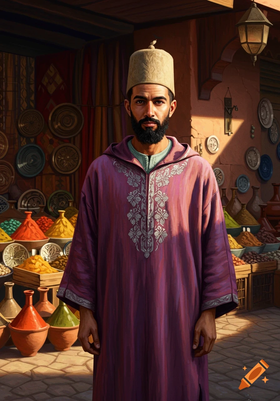 A man with a chiseled beard and a traditional cap and robe stands in a vibrant Moroccan market, surrounded by colorful spices and pottery.