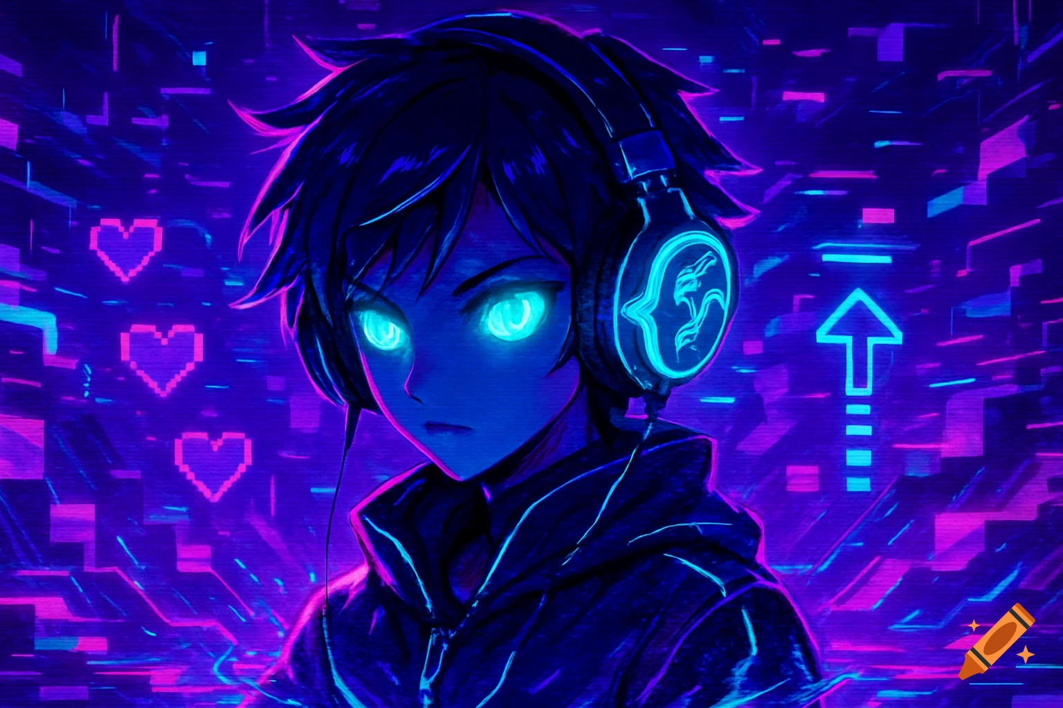Futuristic anime character with glowing eyes and cyberpunk headphones, surrounded by neon purple and blue digital effects and pixelated hearts.