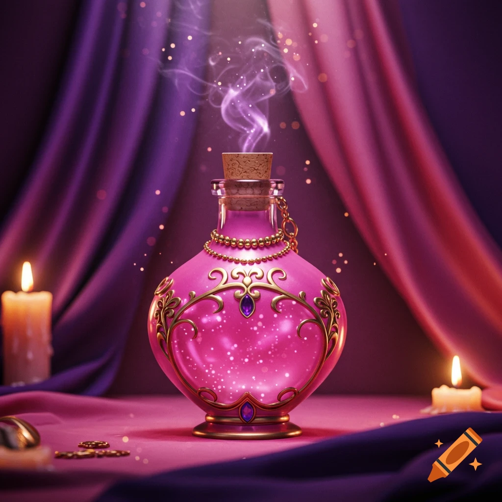 A decorative pink genie bottle with gold filigree and purple gems, emitting purple smoke and sparkling light, sits on draped fabric with candles.