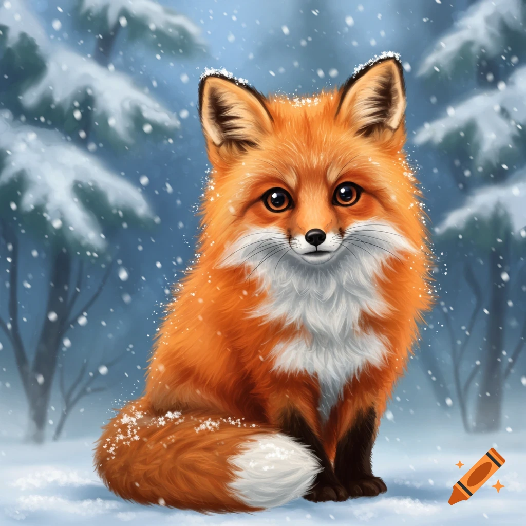 A cute red fox with white chest fur sits in a snowy forest as snowflakes fall, in a digital painting style.