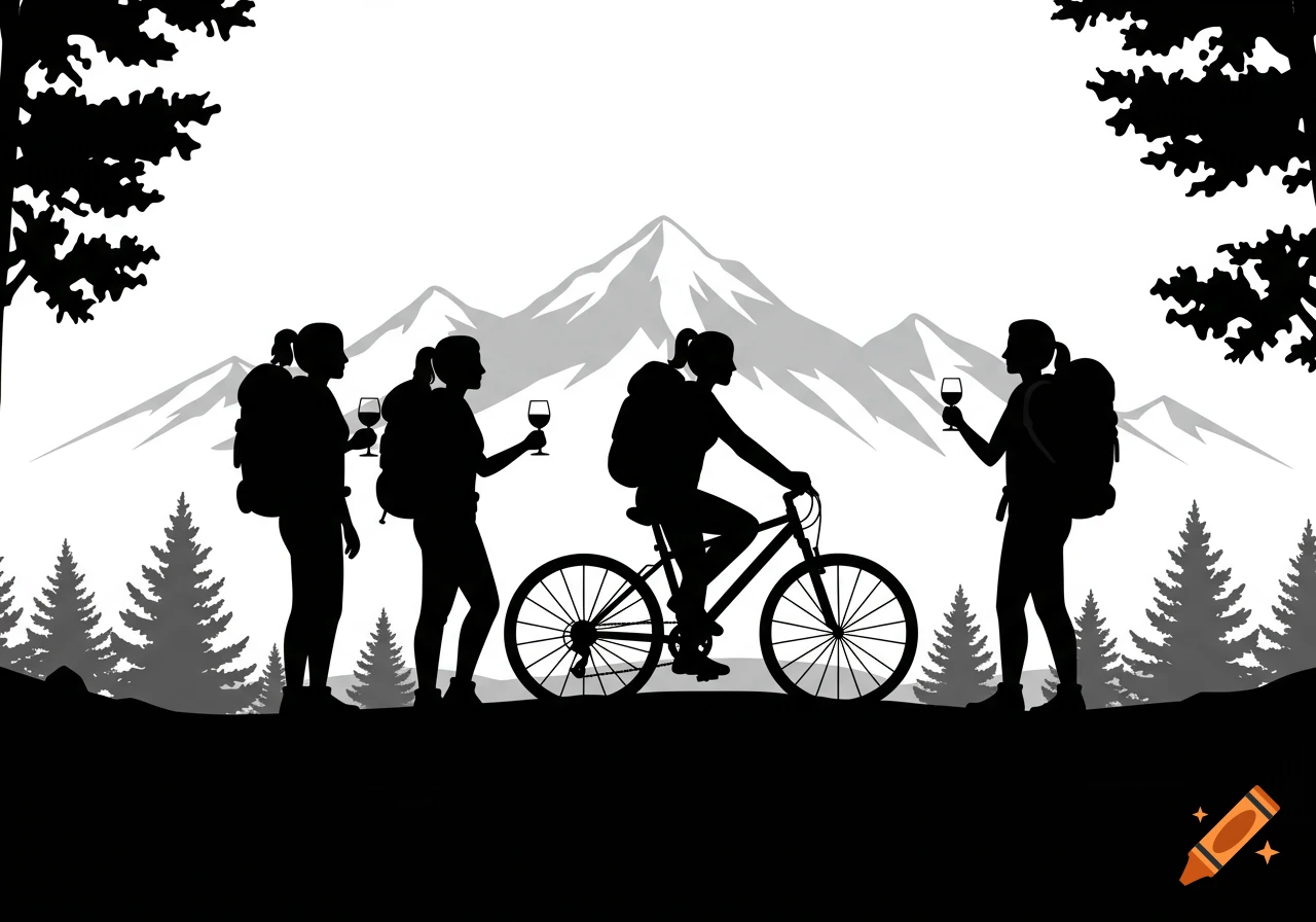 Black and white silhouette of three women hiking and cycling in mountains, holding wine glasses.