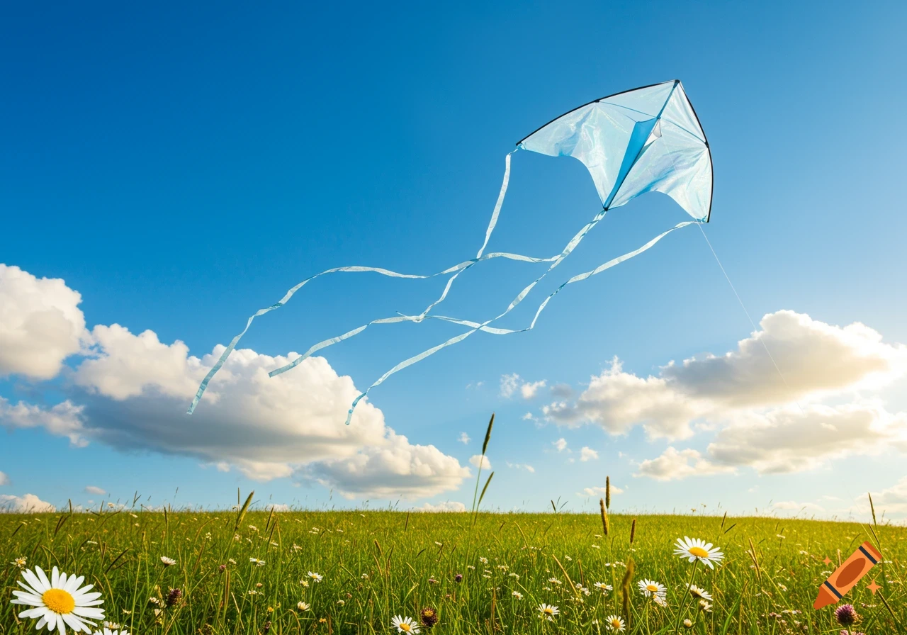 A light blue delta kite soars against a bright blue sky with white clouds over a green field of wildflowers, including white daisies, at sunset.
