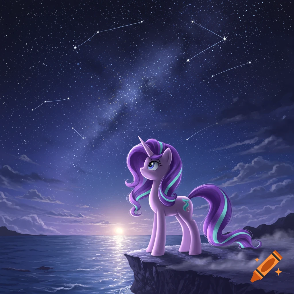 Light purple unicorn pony with purple and teal mane stands on a cliff, overlooking the ocean at dusk under a starry night sky.