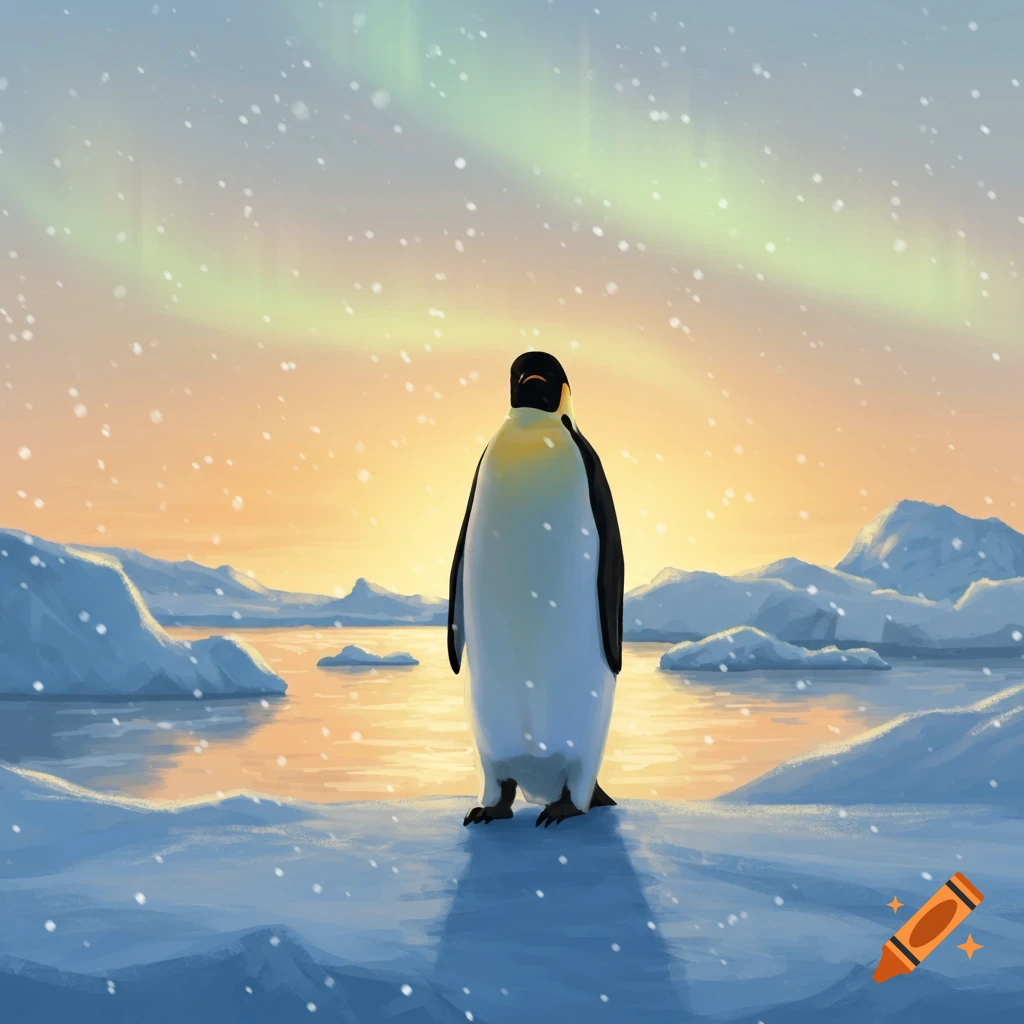 An emperor penguin stands on an icy surface with snow falling, illuminated by a sunset and green aurora borealis in the arctic.