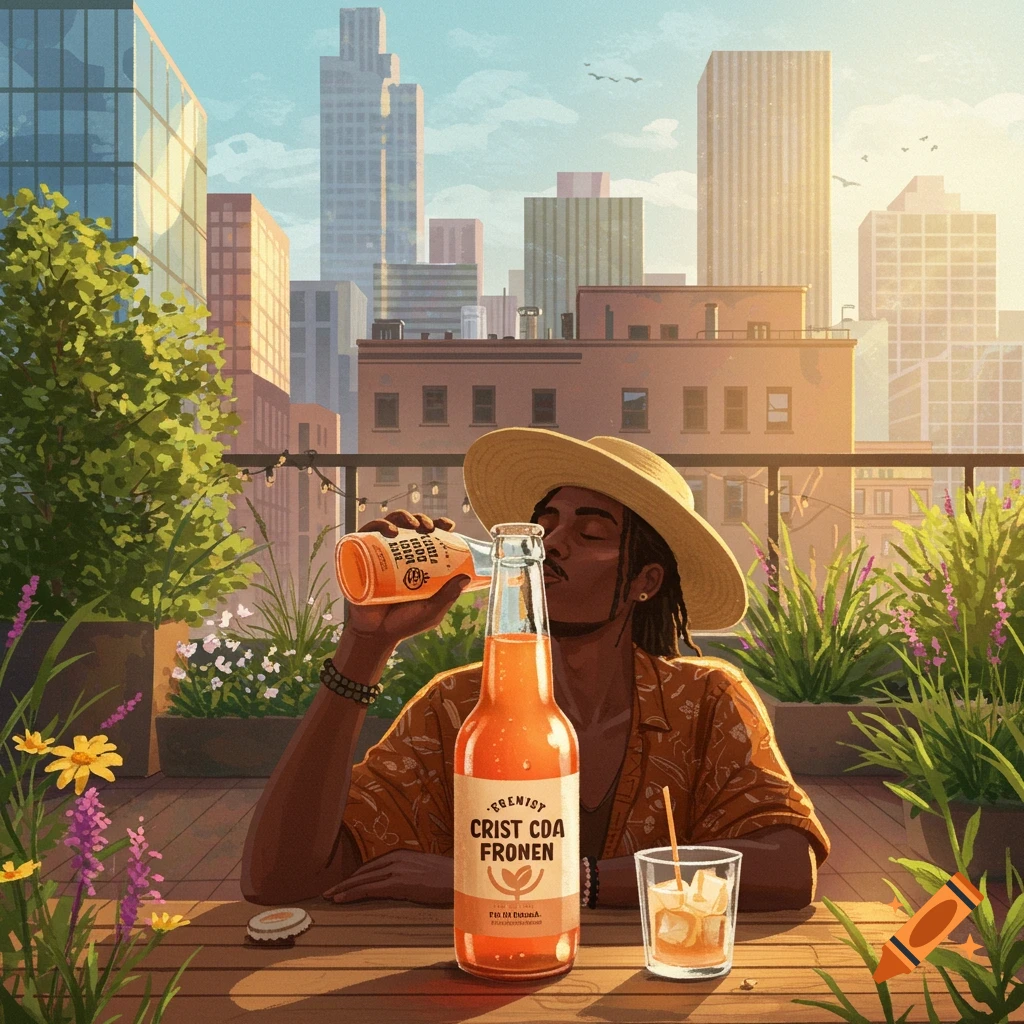 An illustration of a person in a straw hat drinking orange soda on a city rooftop patio with a skyline.