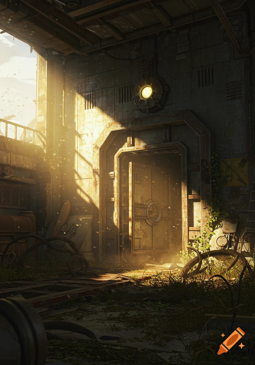 Sunlit, overgrown industrial chamber with a large, partially open metal vault door, rusty machinery, and shafts of light.