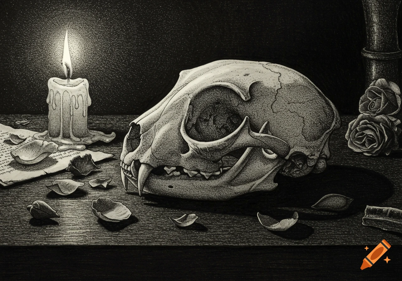 A black and white stippling drawing of a cat skull, a lit candle, and scattered rose petals on a wooden surface.