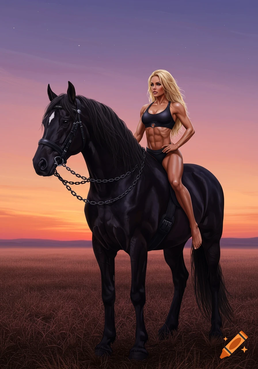 A muscular blonde woman in a black sports bra and underwear rides a majestic black horse in a field at sunset, digital art.