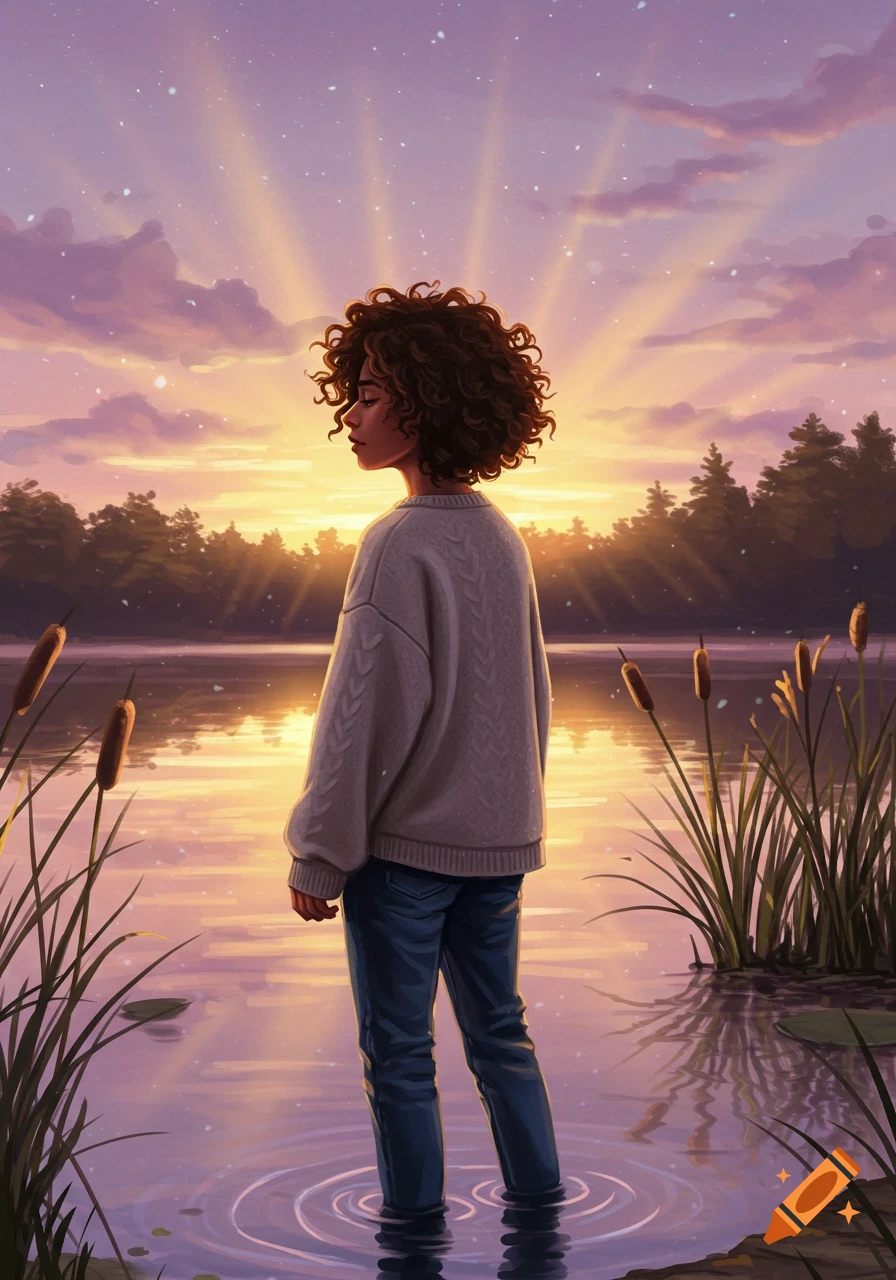 A person with curly hair stands in shallow lake water at sunset, surrounded by reeds, in a digital art style.
