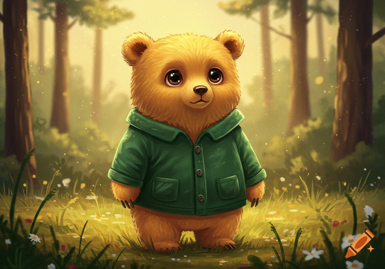 A cute, fluffy brown bear wearing a green jacket stands in a sunny forest with wildflowers.