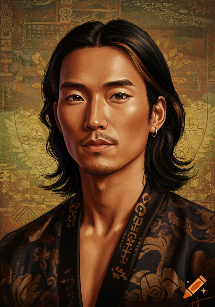 Digital painting of an East Asian man with long dark hair, a small mustache, and an earring, wearing a patterned robe against a decorative background.
